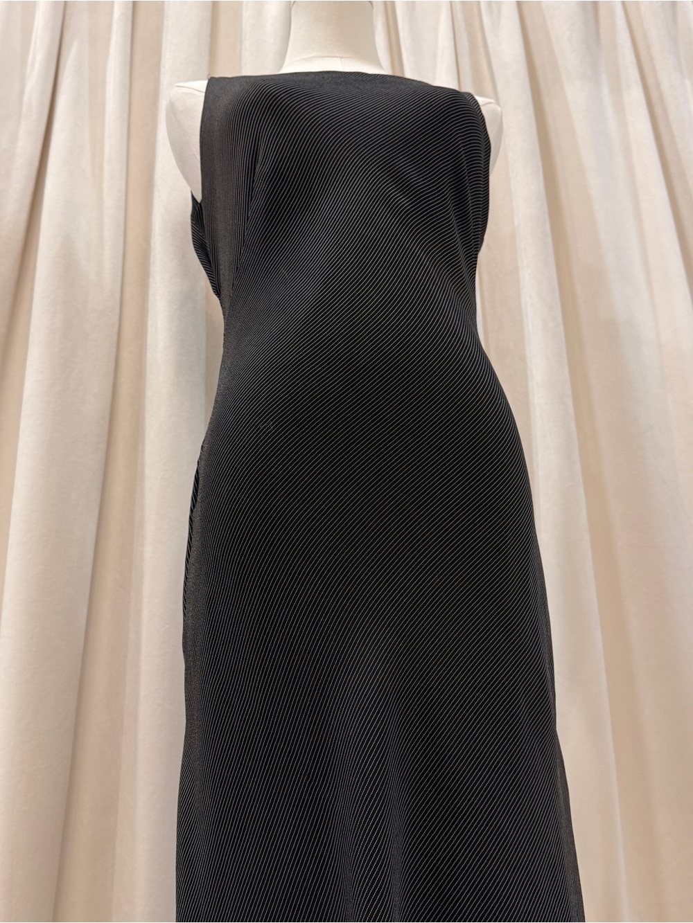 Ann Taylor Black Pinstripe Sleeveless Midi Dress | Size S | Sheer Ruffle Hem